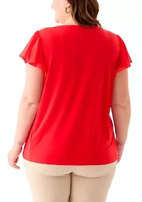 Plus Flutter Sleeve Mixed Media Top