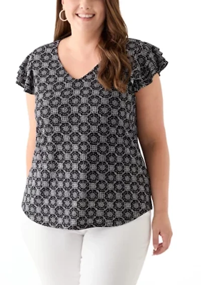 Plus Flutter Sleeve V-Neck Blouse