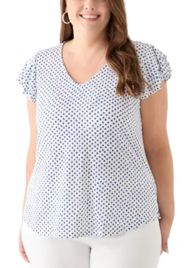 Plus Flutter Sleeve Printed V-Neck Zop
