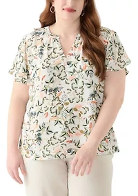 Plus Short Sleeve Leafed Flutter Split Neck Top