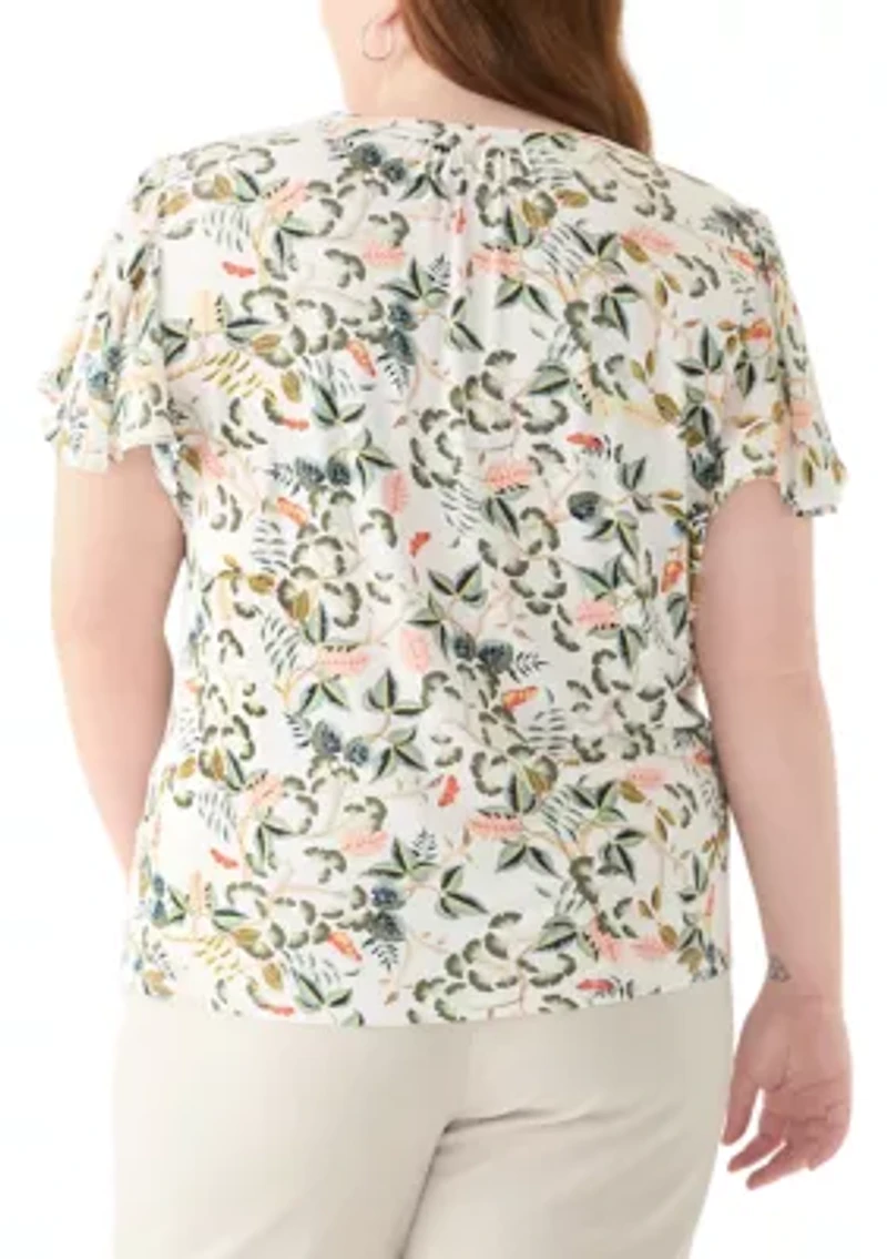 Plus Short Sleeve Leafed Flutter Split Neck Top