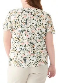 Plus Short Sleeve Leafed Flutter Split Neck Top