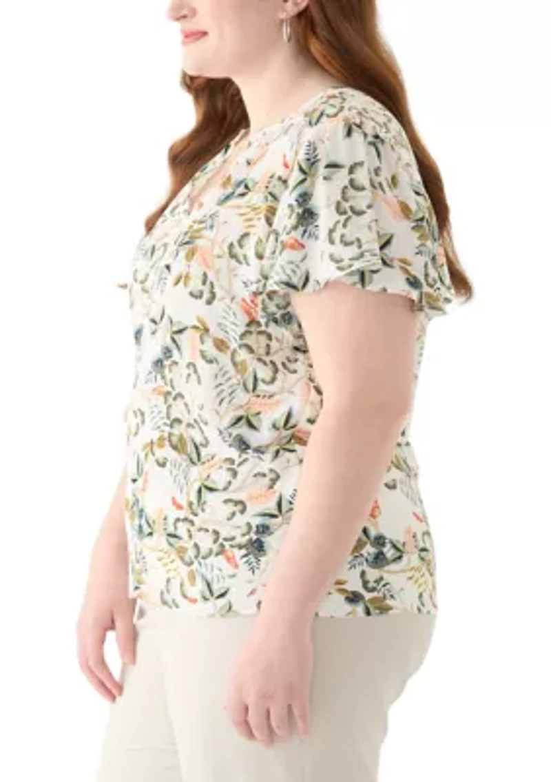 Plus Short Sleeve Leafed Flutter Split Neck Top