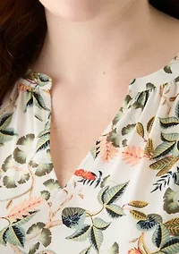 Plus Short Sleeve Leafed Flutter Split Neck Top