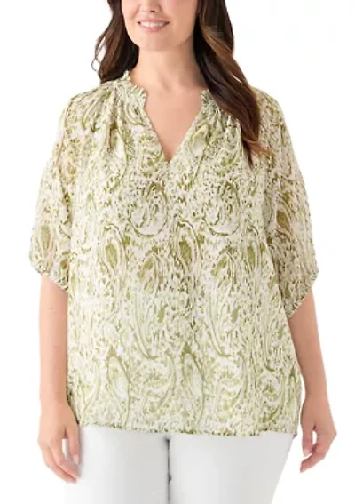 Plus Printed Raglan Sleeve Peasant Top