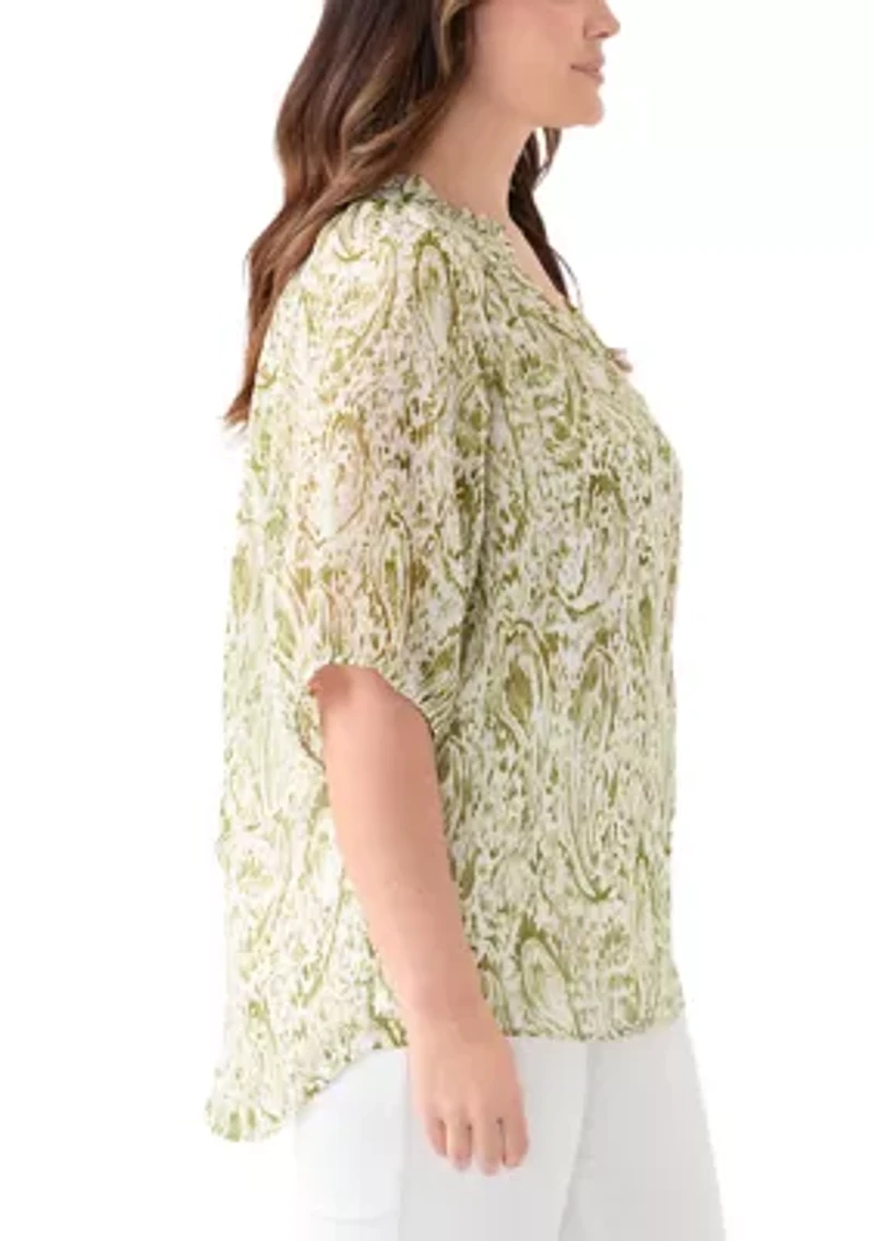 Plus Printed Raglan Sleeve Peasant Top