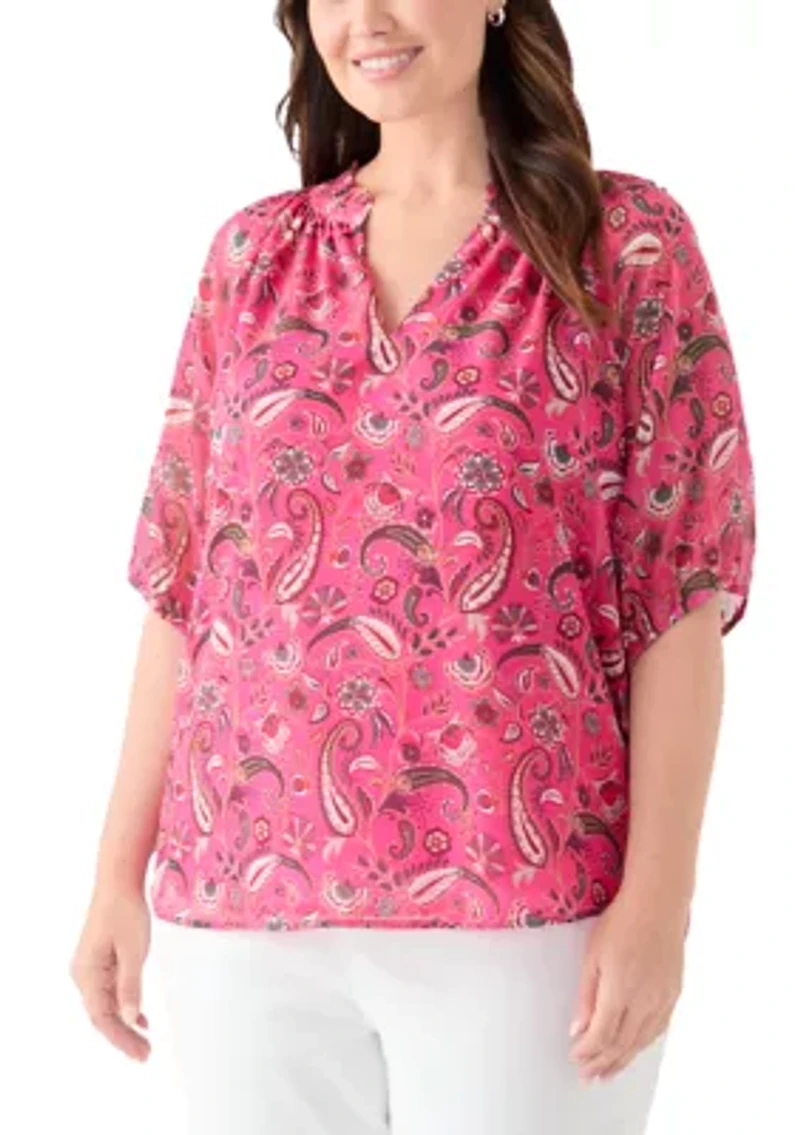 Plus Printed Raglan Sleeve Peasant Top