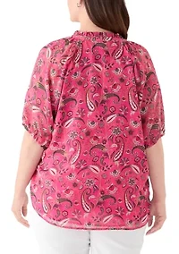 Plus Printed Raglan Sleeve Peasant Top