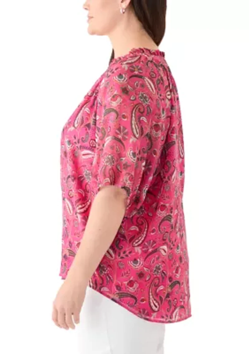 Plus Printed Raglan Sleeve Peasant Top