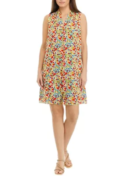 Petite Sleeveless Floral Dress with Neck Pleat Details