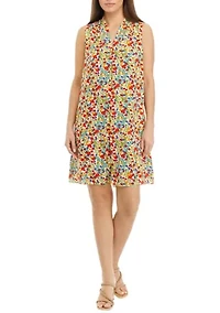 Petite Sleeveless Floral Dress with Neck Pleat Details