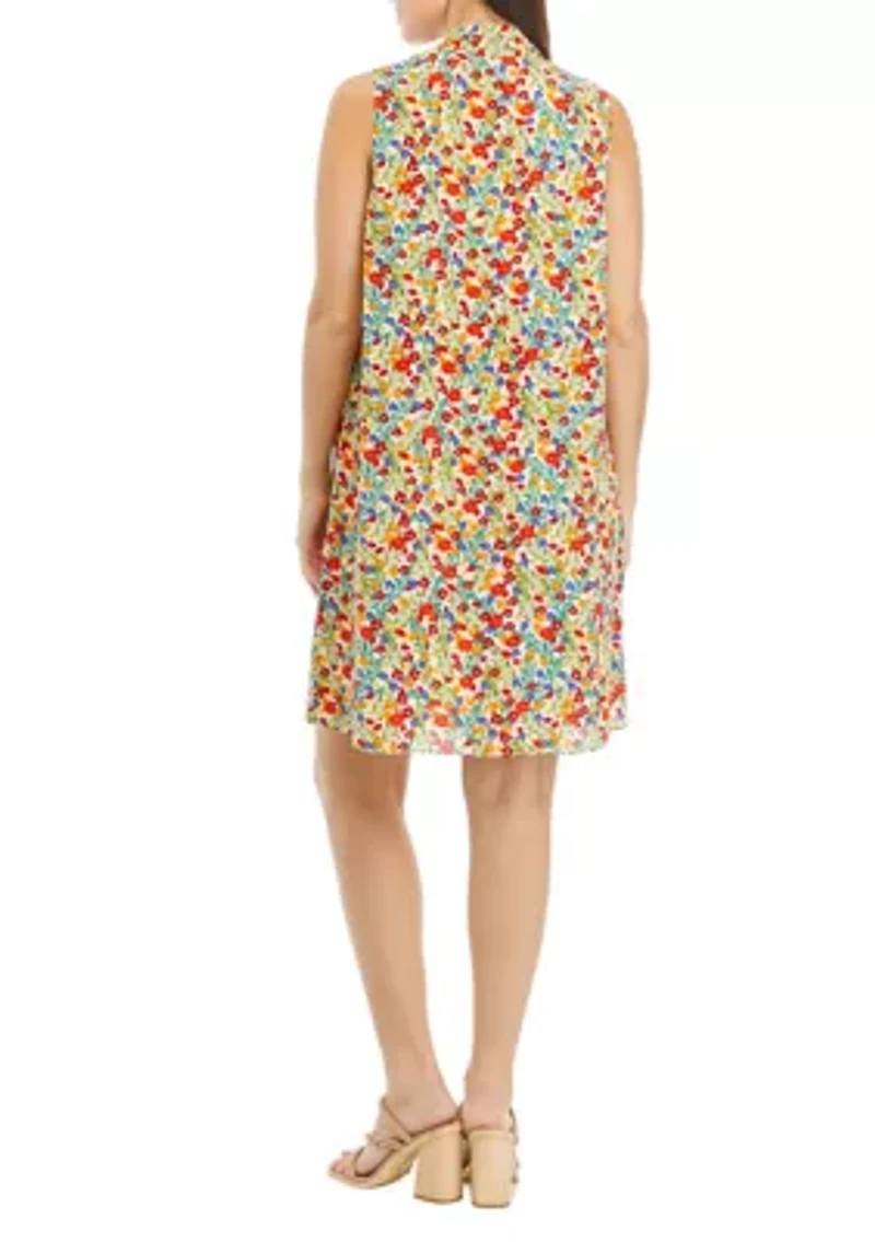 Petite Sleeveless Floral Dress with Neck Pleat Details