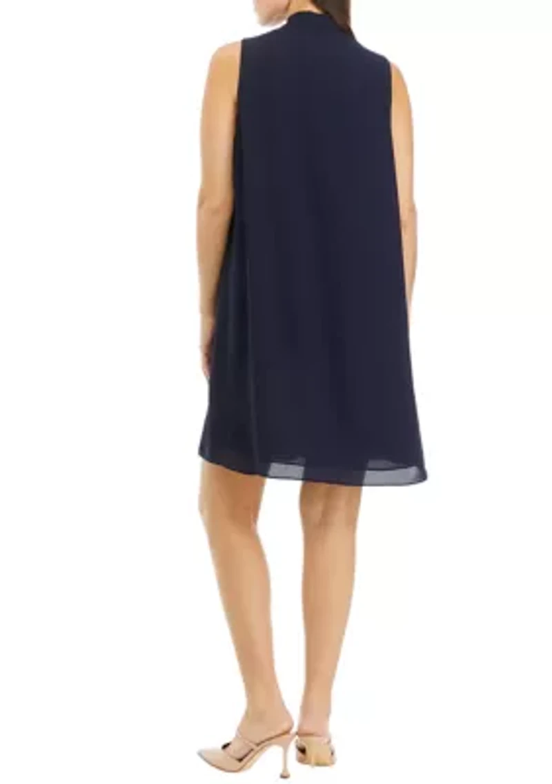 Petite Sleeveless Dress with Neck Pleat Details