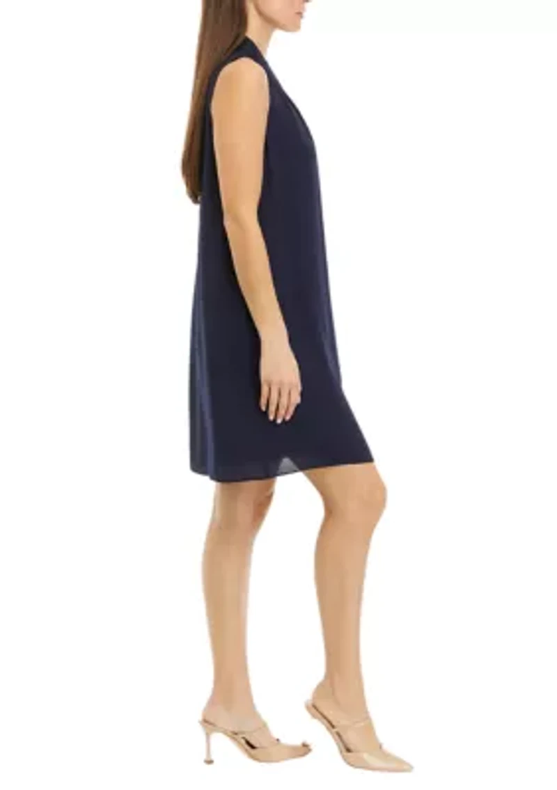 Petite Sleeveless Dress with Neck Pleat Details