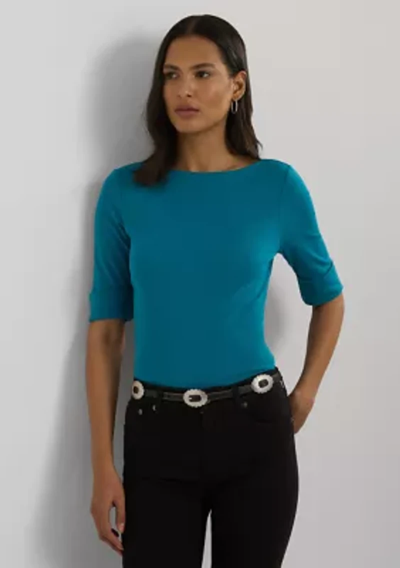 Petite Stretch Cotton Boat Neck T-Shirt