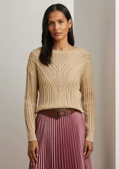 Cable Knit Cotton Blend Boat Neck Sweater
