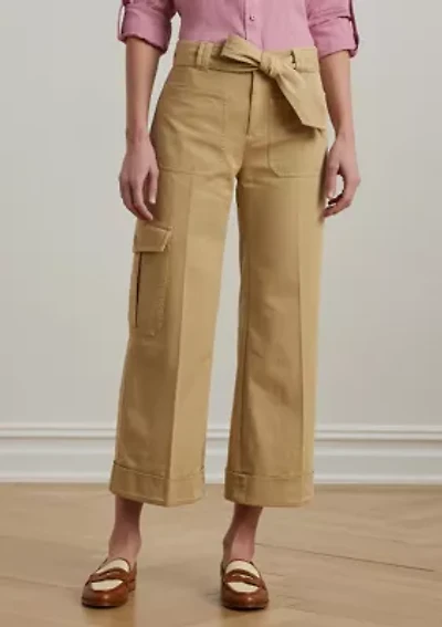 Pleated Cotton Twill Wide Leg Cargo Pants