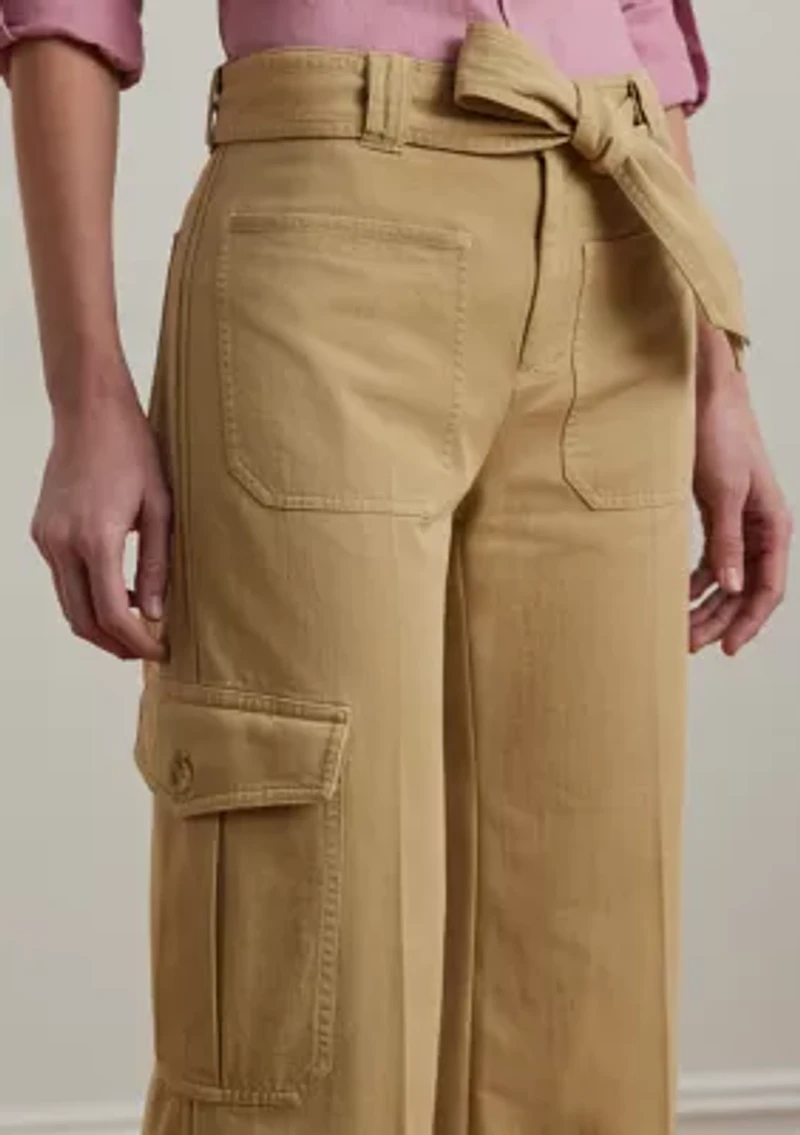 Pleated Cotton Twill Wide Leg Cargo Pants