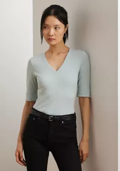 Women's Stretch Cotton Elbow-Sleeve V-Neck T-Shirt