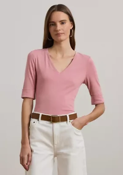 Women's Stretch Cotton Elbow-Sleeve V-Neck T-Shirt