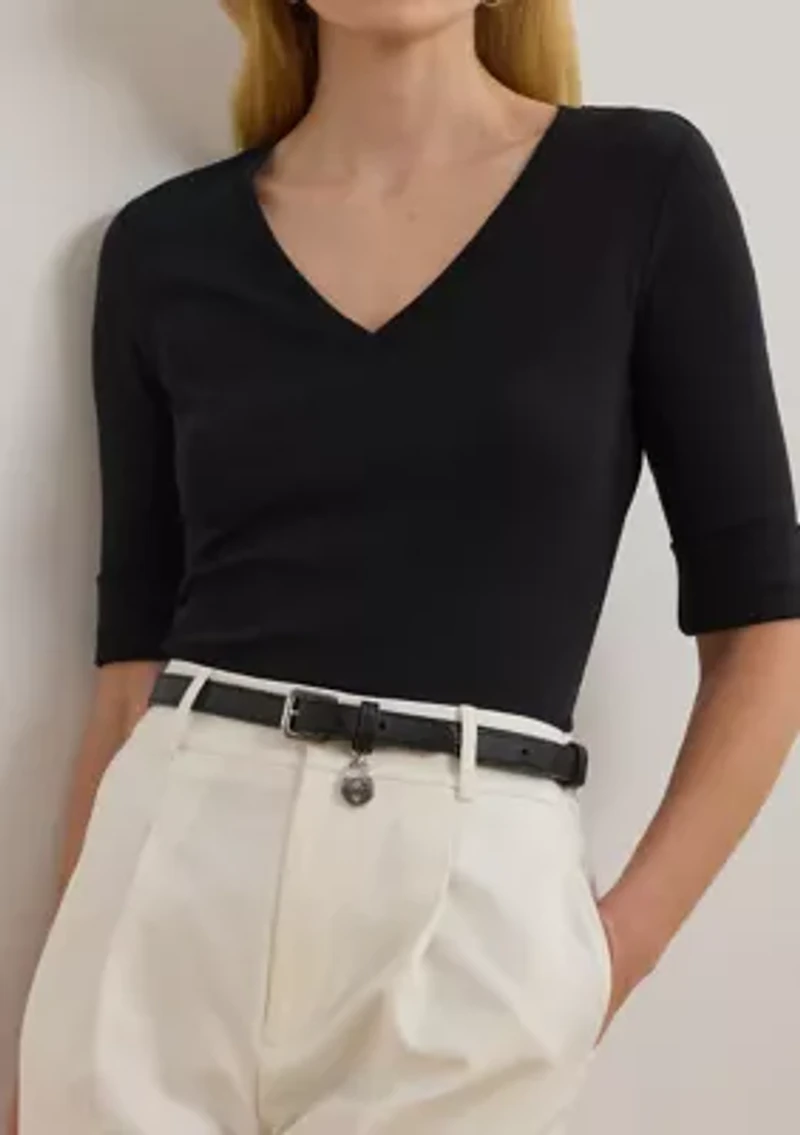 Women's Stretch Cotton Elbow-Sleeve V-Neck T-Shirt