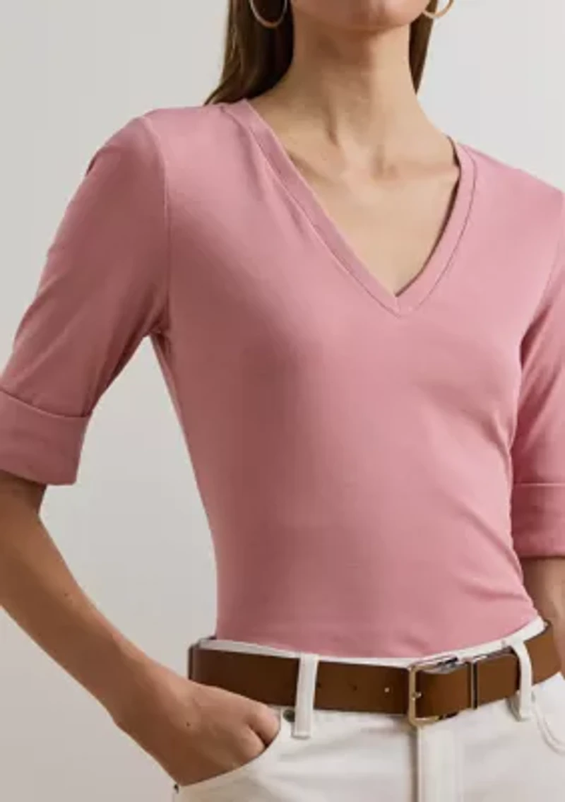 Women's Stretch Cotton Elbow-Sleeve V-Neck T-Shirt