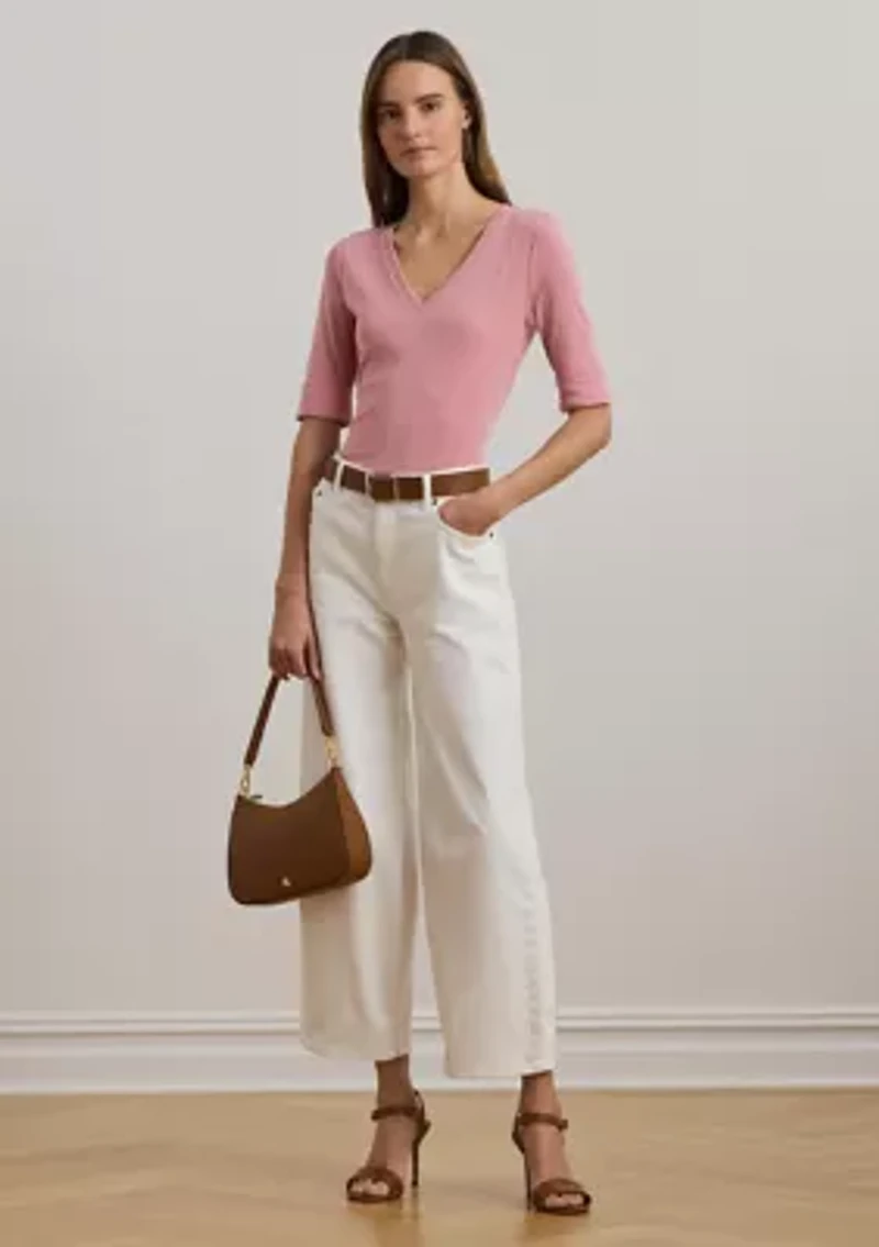 Women's Stretch Cotton Elbow-Sleeve V-Neck T-Shirt