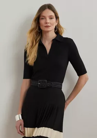 Women's Rib-Knit Elbow-Sleeve Polo T-Shirt
