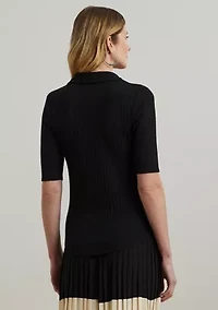 Women's Rib-Knit Elbow-Sleeve Polo T-Shirt