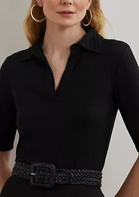 Women's Rib-Knit Elbow-Sleeve Polo T-Shirt