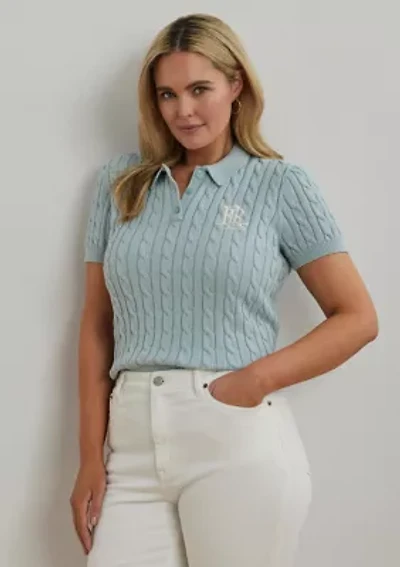 Plus Cable Knit Cotton Polo Sweater