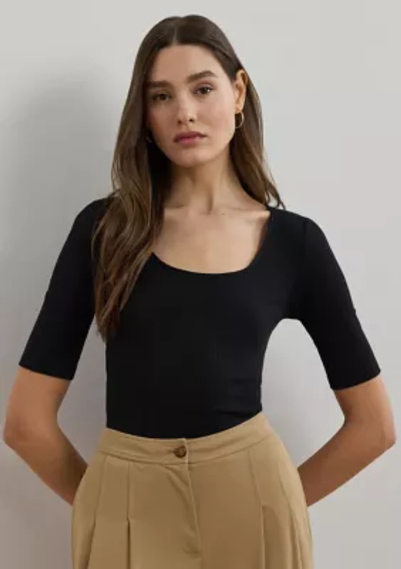 Rib Knit Cotton Blend Elbow Sleeve T-Shirt