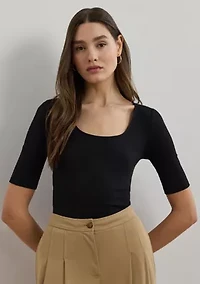 Rib Knit Cotton Blend Elbow Sleeve T-Shirt