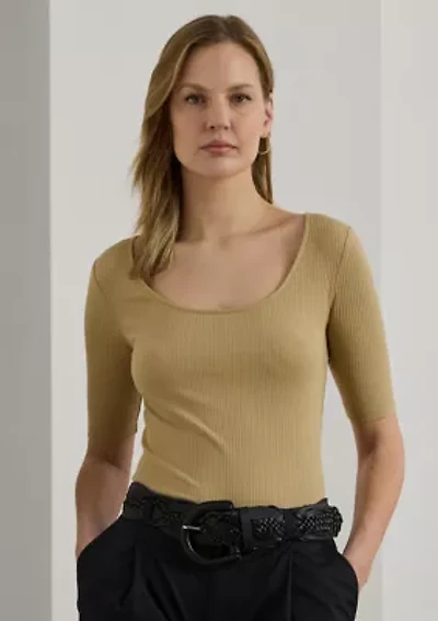 Rib Knit Cotton Blend Elbow Sleeve T-Shirt