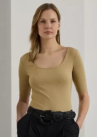 Rib Knit Cotton Blend Elbow Sleeve T-Shirt