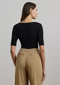 Rib Knit Cotton Blend Elbow Sleeve T-Shirt