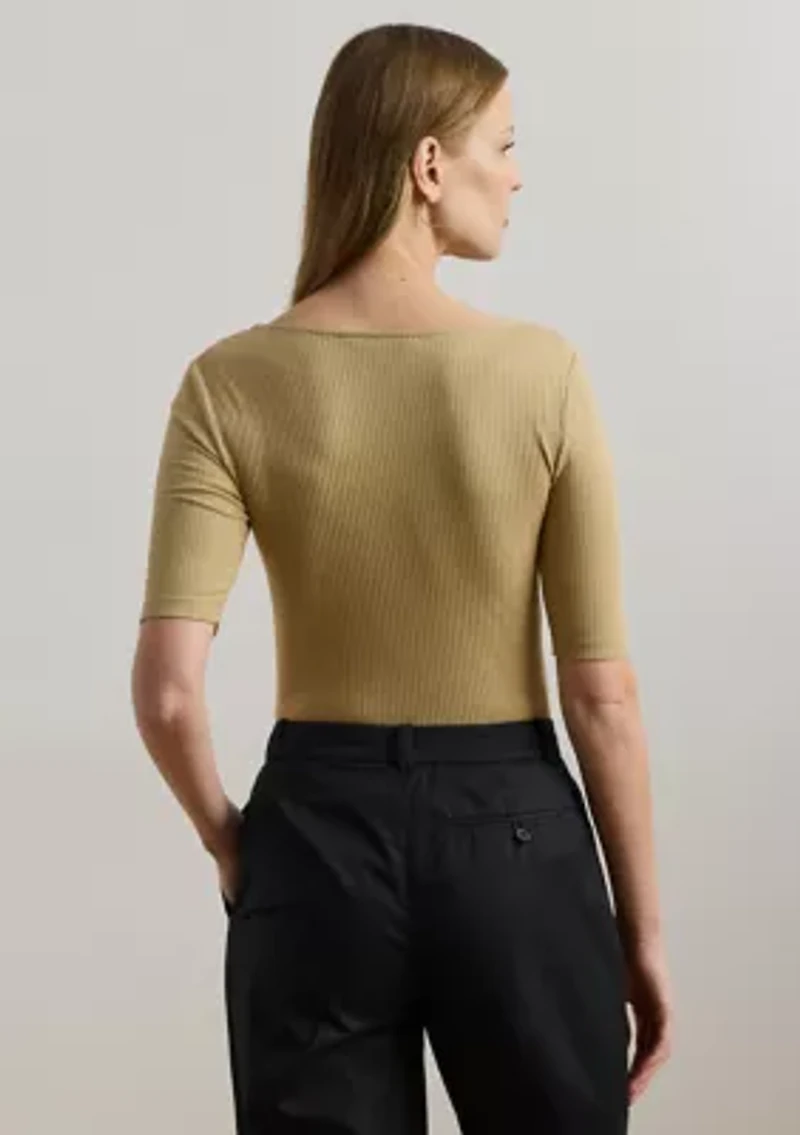 Rib Knit Cotton Blend Elbow Sleeve T-Shirt