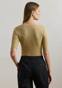 Rib Knit Cotton Blend Elbow Sleeve T-Shirt