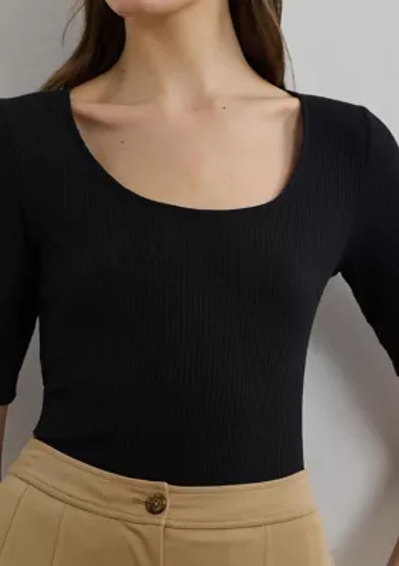 Rib Knit Cotton Blend Elbow Sleeve T-Shirt