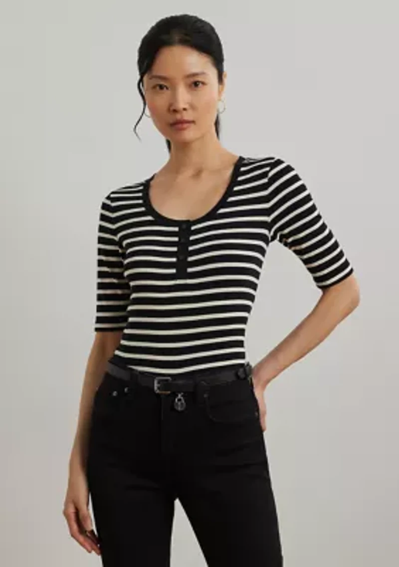 Women's Striped Elbow-Sleeve Henley Top