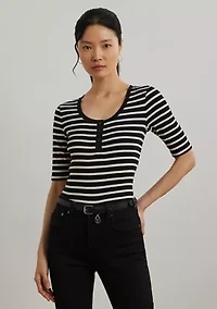 Women's Striped Elbow-Sleeve Henley Top