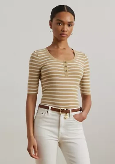 Women's Striped Elbow-Sleeve Henley Top