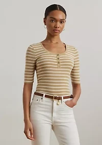 Women's Striped Elbow-Sleeve Henley Top
