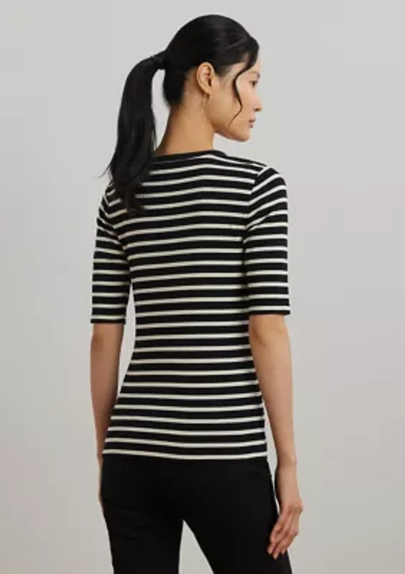 Women's Striped Elbow-Sleeve Henley Top
