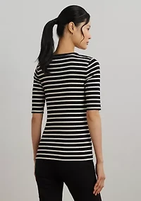 Women's Striped Elbow-Sleeve Henley Top