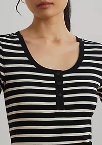 Women's Striped Elbow-Sleeve Henley Top