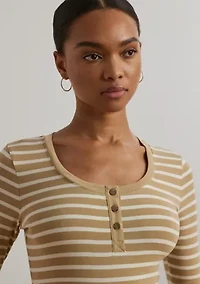 Women's Striped Elbow-Sleeve Henley Top