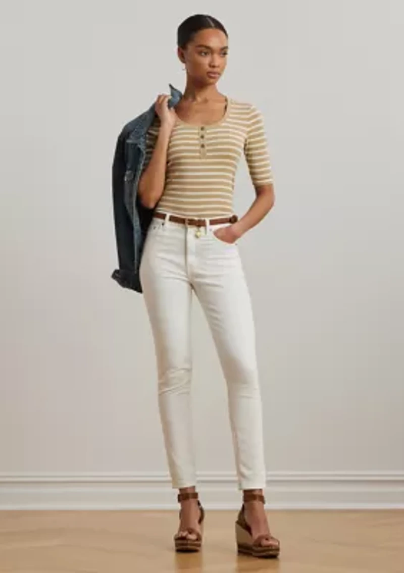 Women's Striped Elbow-Sleeve Henley Top