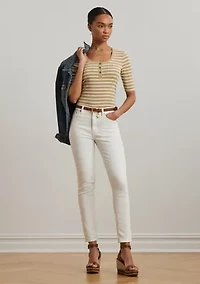 Women's Striped Elbow-Sleeve Henley Top