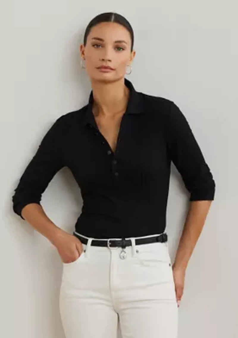 Rib-Knit Three-Quarter-Sleeve Polo Shirt